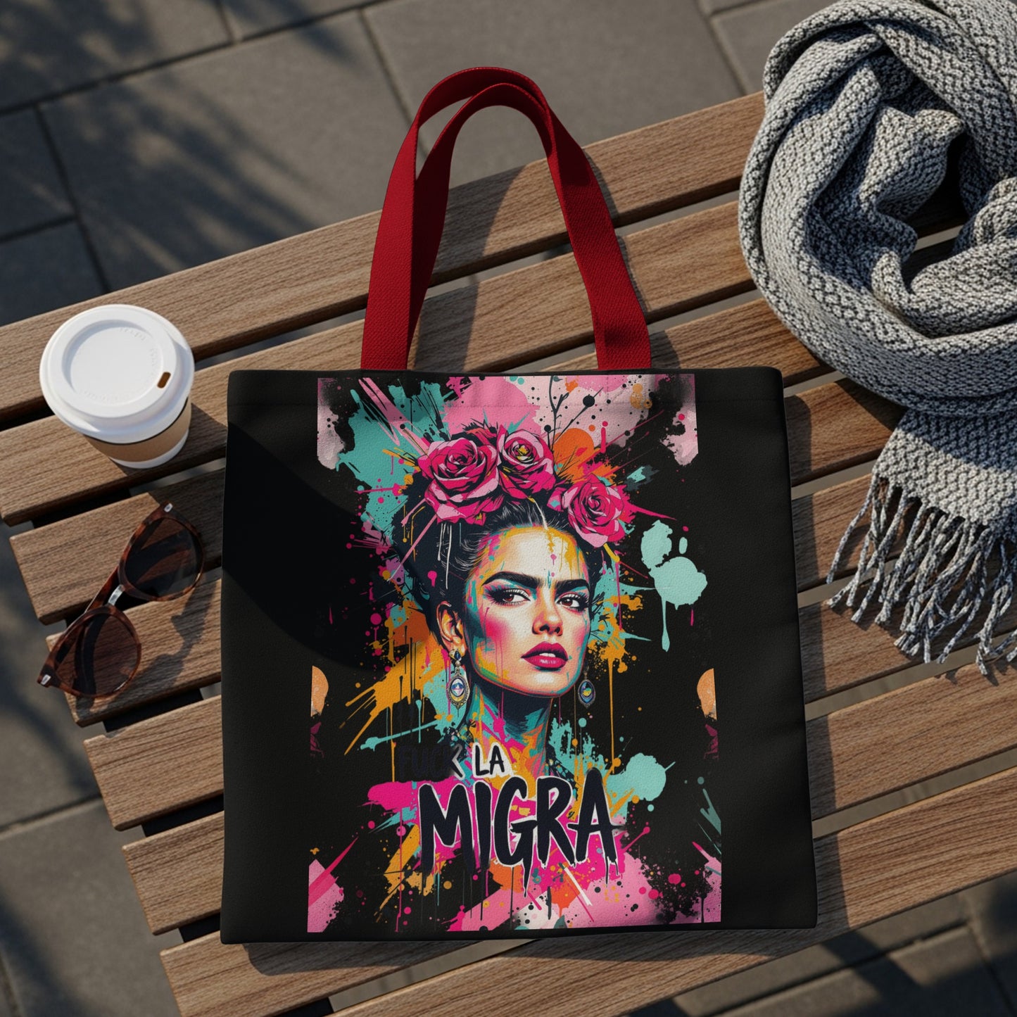 Tote bag with a colorful Frida Kahlo portrait and "La Migra" text.