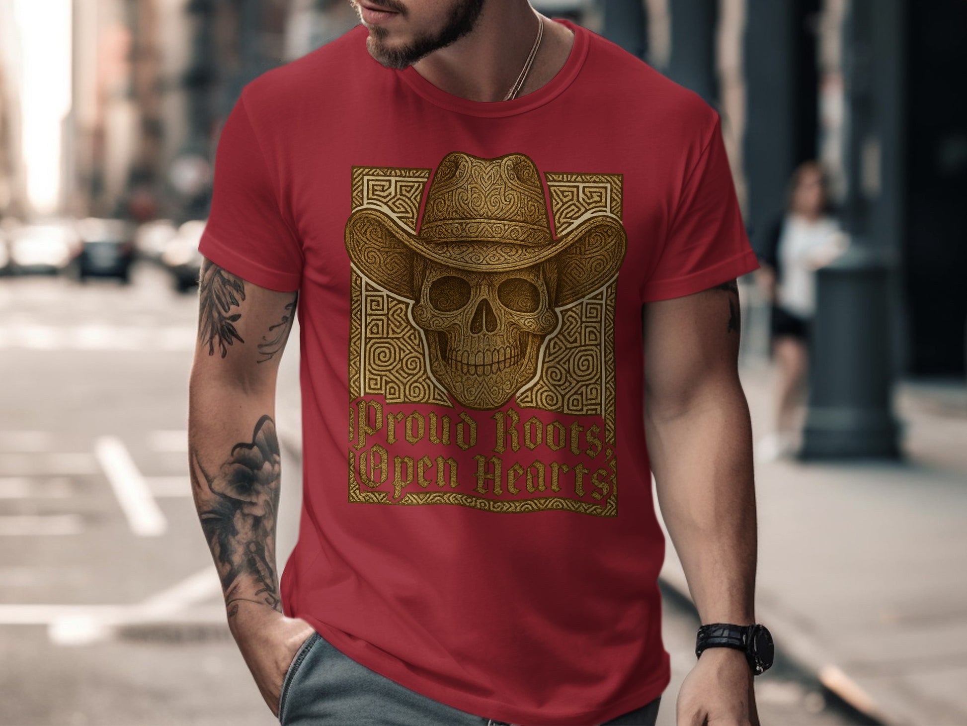 Proud Roots Open Hearts Skull Cowboy Hat T-shirt
