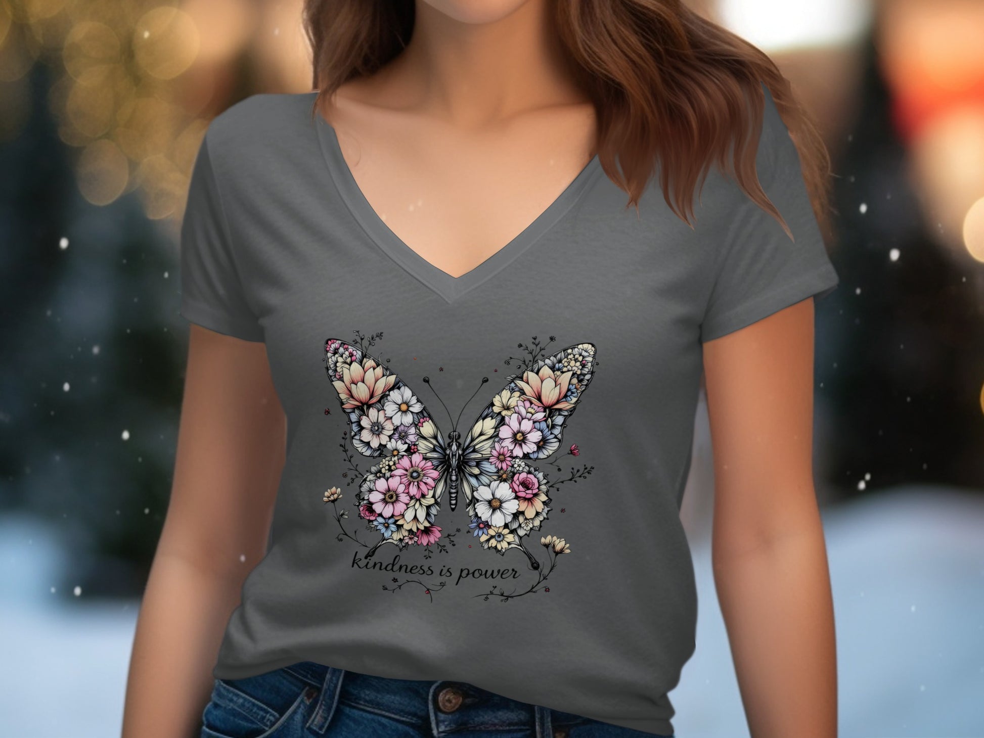 Kindness is Power Butterfly Print V-Neck T-shirt product