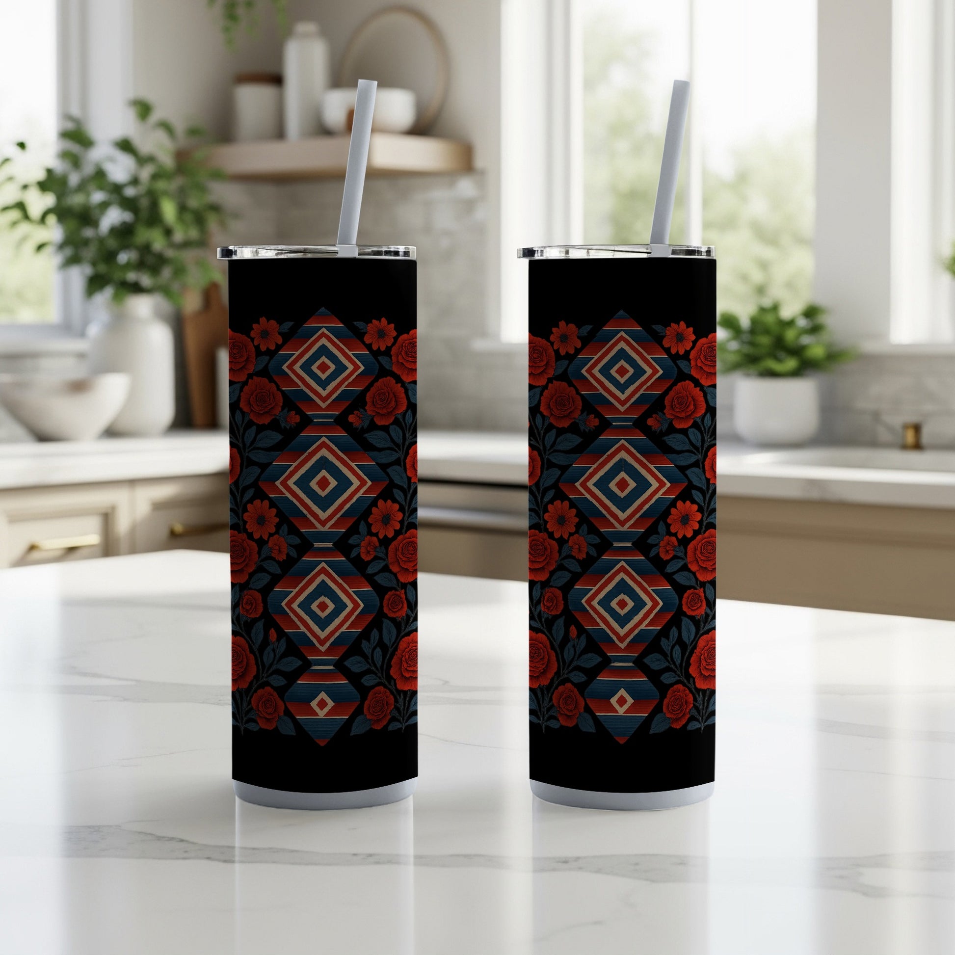 Geometric Red Floral Patterned Tumbler product type