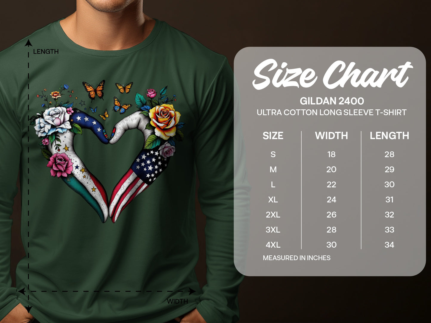 Heart Art Long Sleeve T-Shirt with Floral and Flag Design