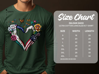 Heart Art Long Sleeve T-Shirt with Floral and Flag Design