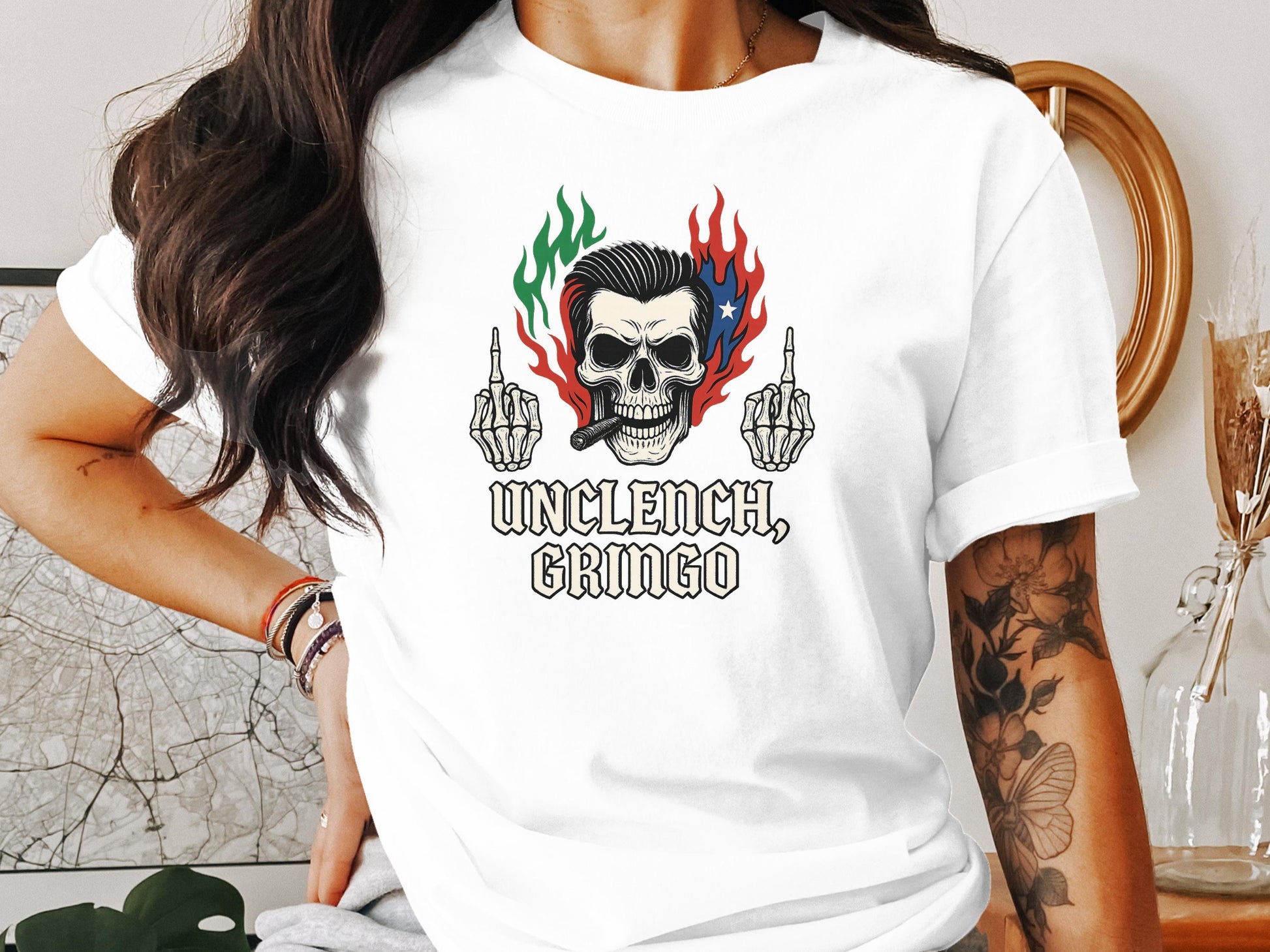 Unclench Gringo Skull Graphic Unique T-Shirt Product