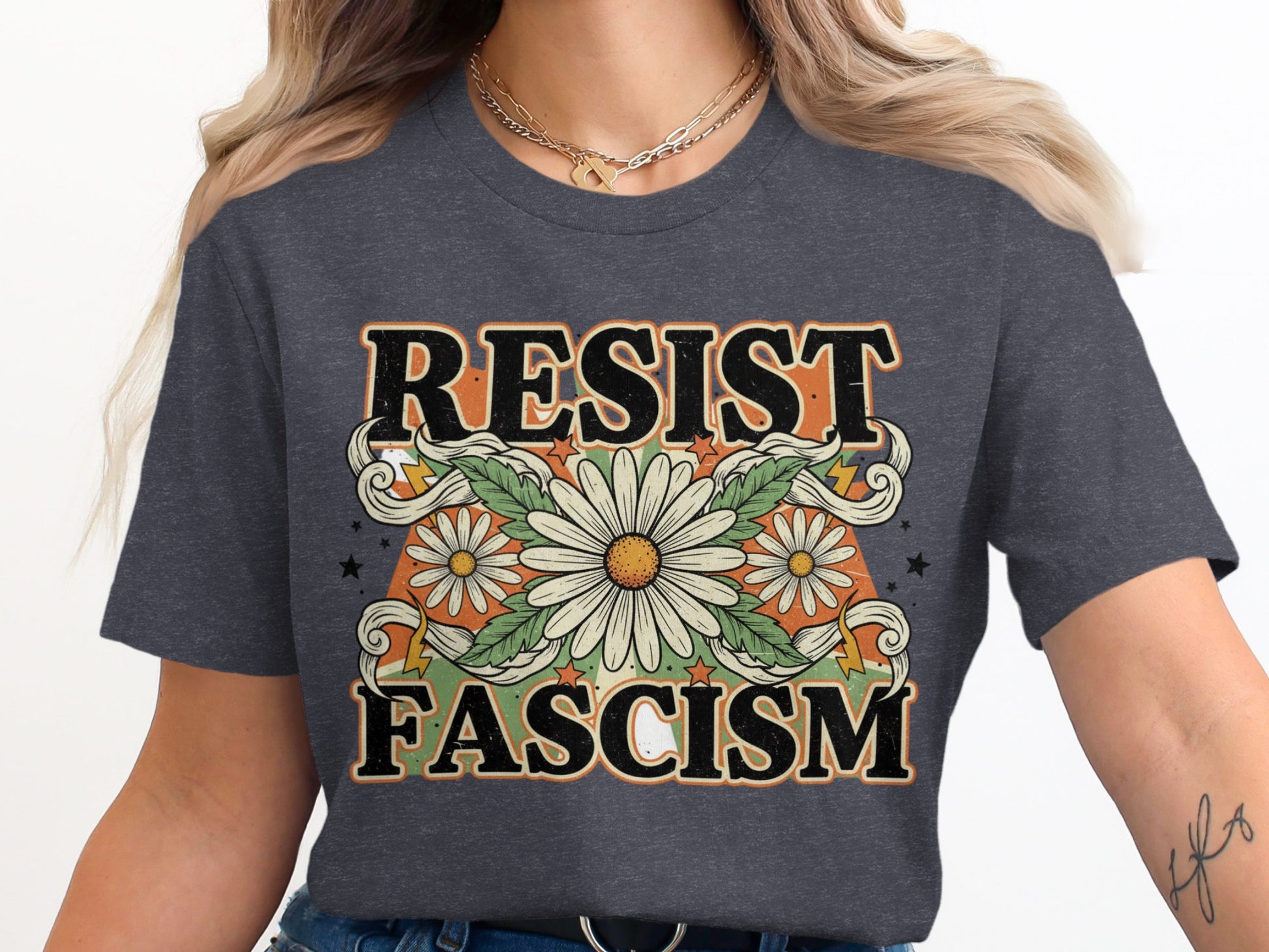 Resist Fascism Graphic Floral Tee Shirt Product