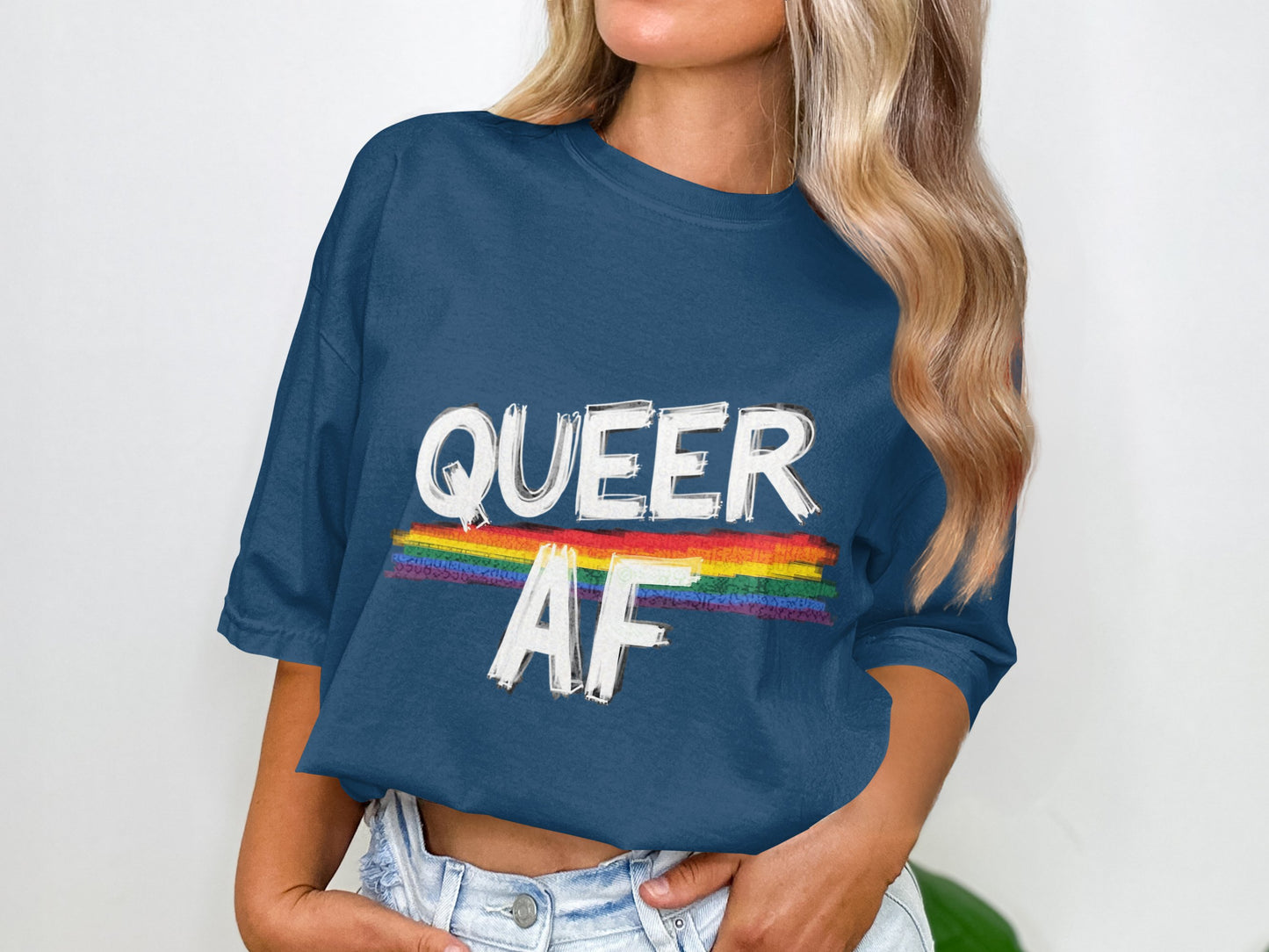 Queer AF Graphic Rainbow Striped Design Shirt product type