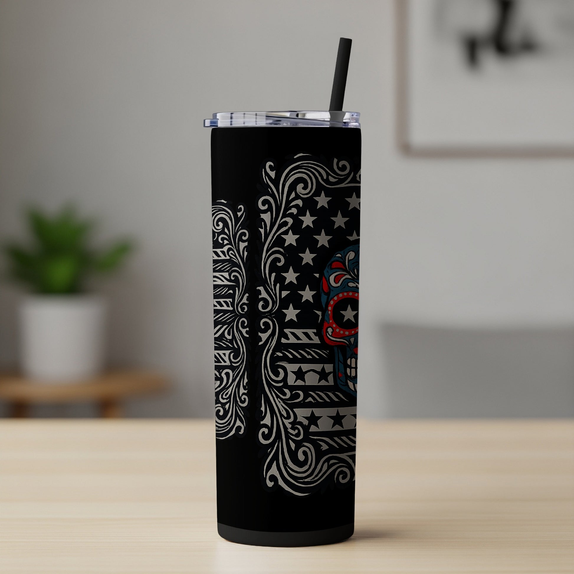 American Flag Skull Art on Black Tumbler Drinkware product type