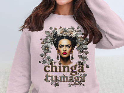 Chinga Tu Maga Sweatshirt With Floral Hair Design