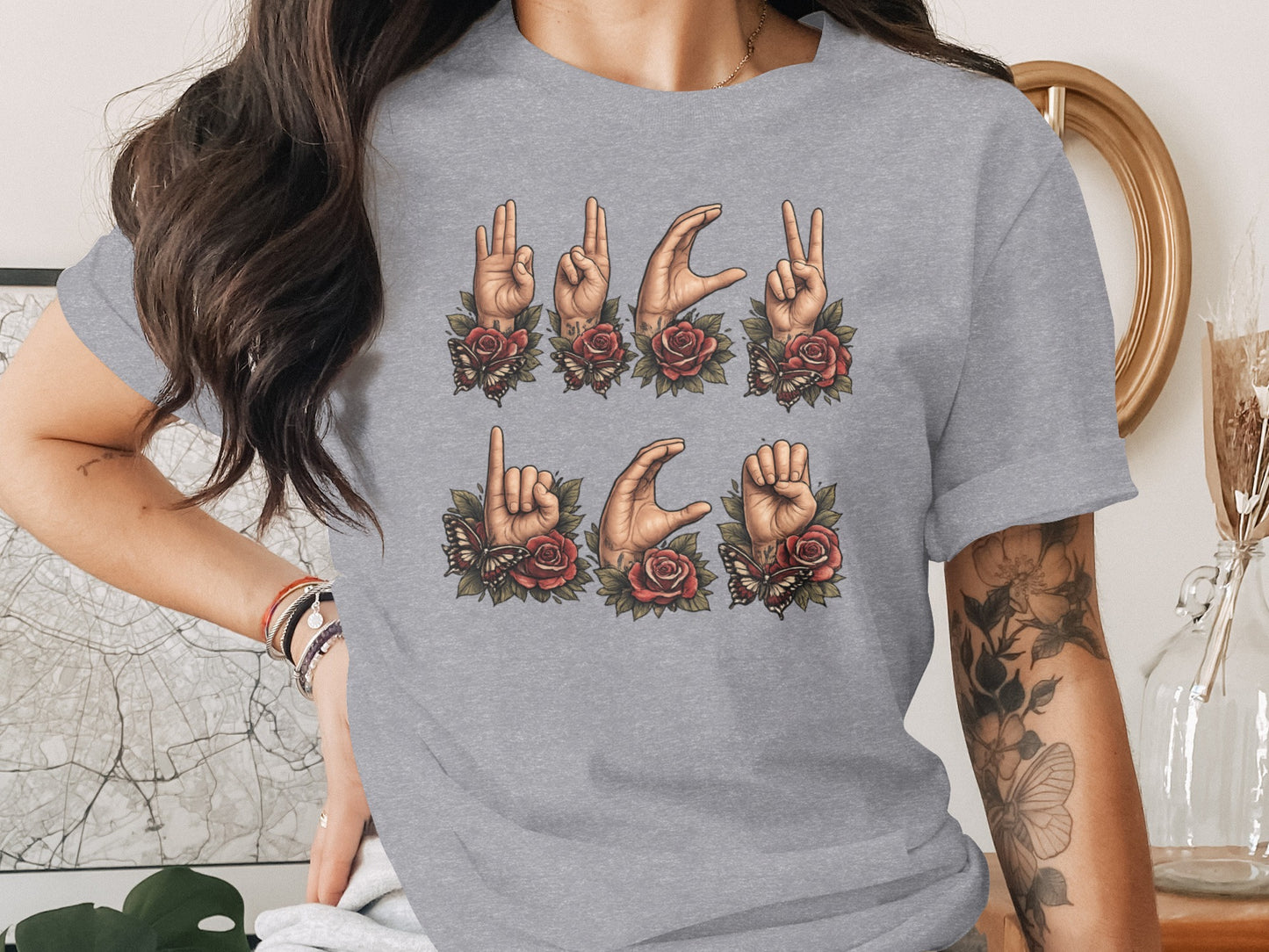 Unique Hand Signs with Floral Art Print Casual Shirt