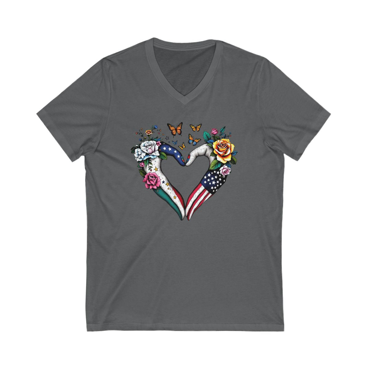 Heart Flag and Flowers Design V-Neck T-Shirt product type