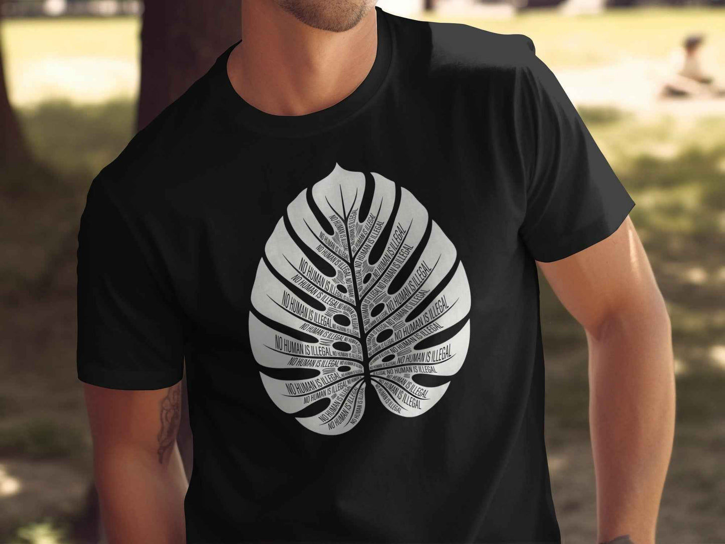 No Human Is Illegal Monstera Leaf T-Shirt, Human Rights Tee, Social Justice Shirt, Activism Apparel, Botanical Statement Design T-Shirts