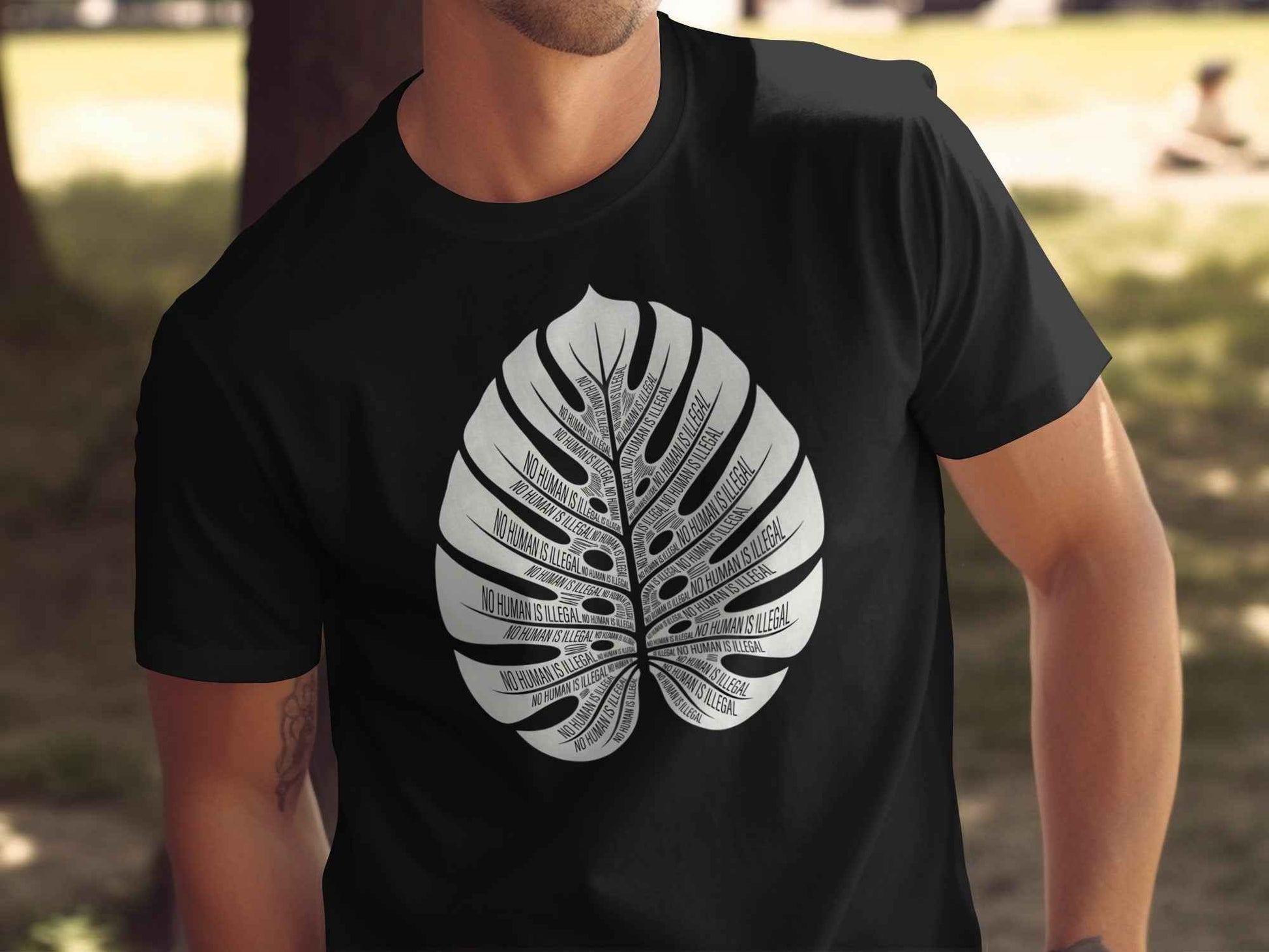 No Human Is Illegal Monstera Leaf T-Shirt, Human Rights Tee, Social Justice Shirt, Activism Apparel, Botanical Statement Design T-Shirts