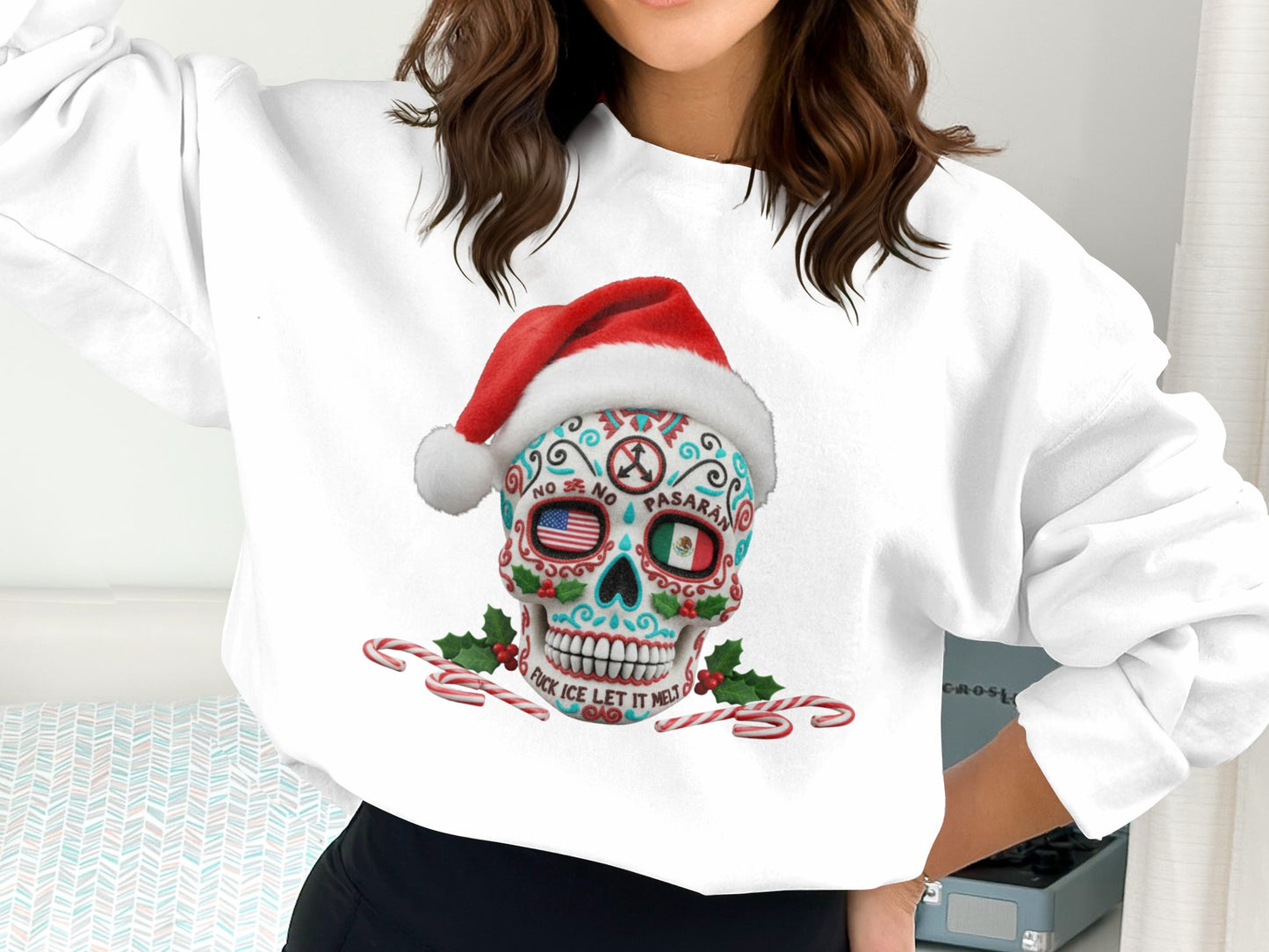 Colorful Skull Artwork with Santa Hat Sweatshirt