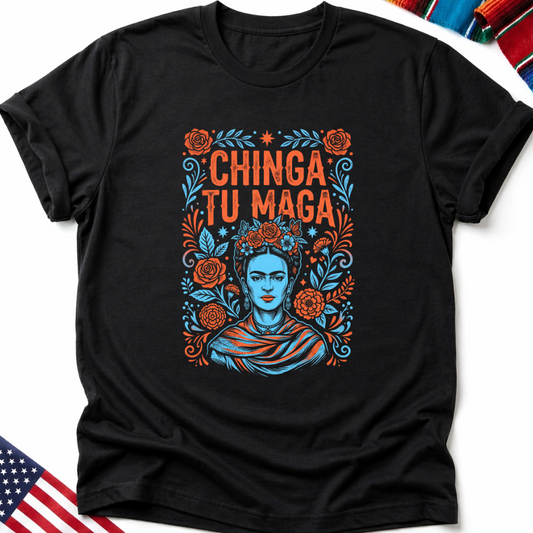 T-shirt with Frida Kahlo graphic and "Chinga Tu Mada" text.