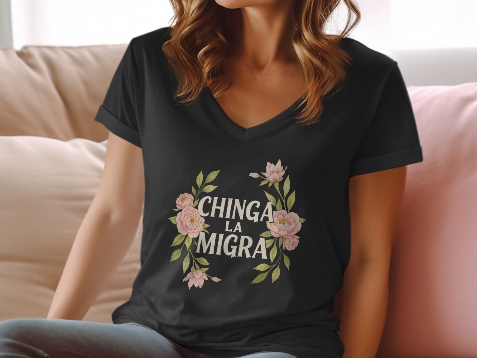Chinga La Migra Floral Design Graphic T-Shirt product