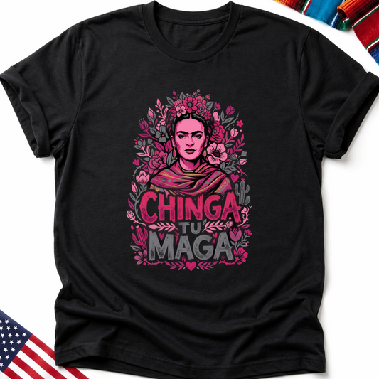 Black t-shirt with Frida Kahlo illustration and "Chinga Tu Maga" text.