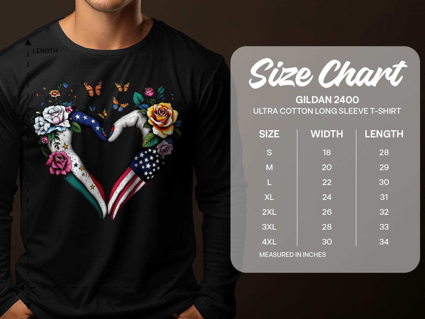 Heart Shape with Flowers and Flags Long Sleeve T-shirt