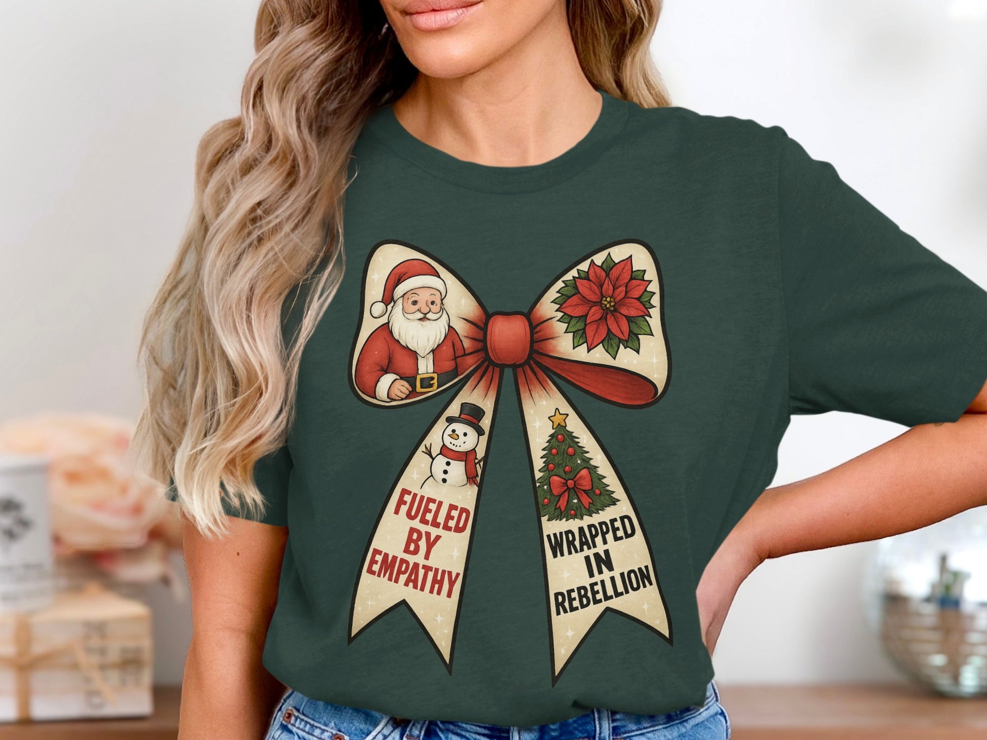 Santa Poinsettia Snowman Bow Festive Graphic Shirt