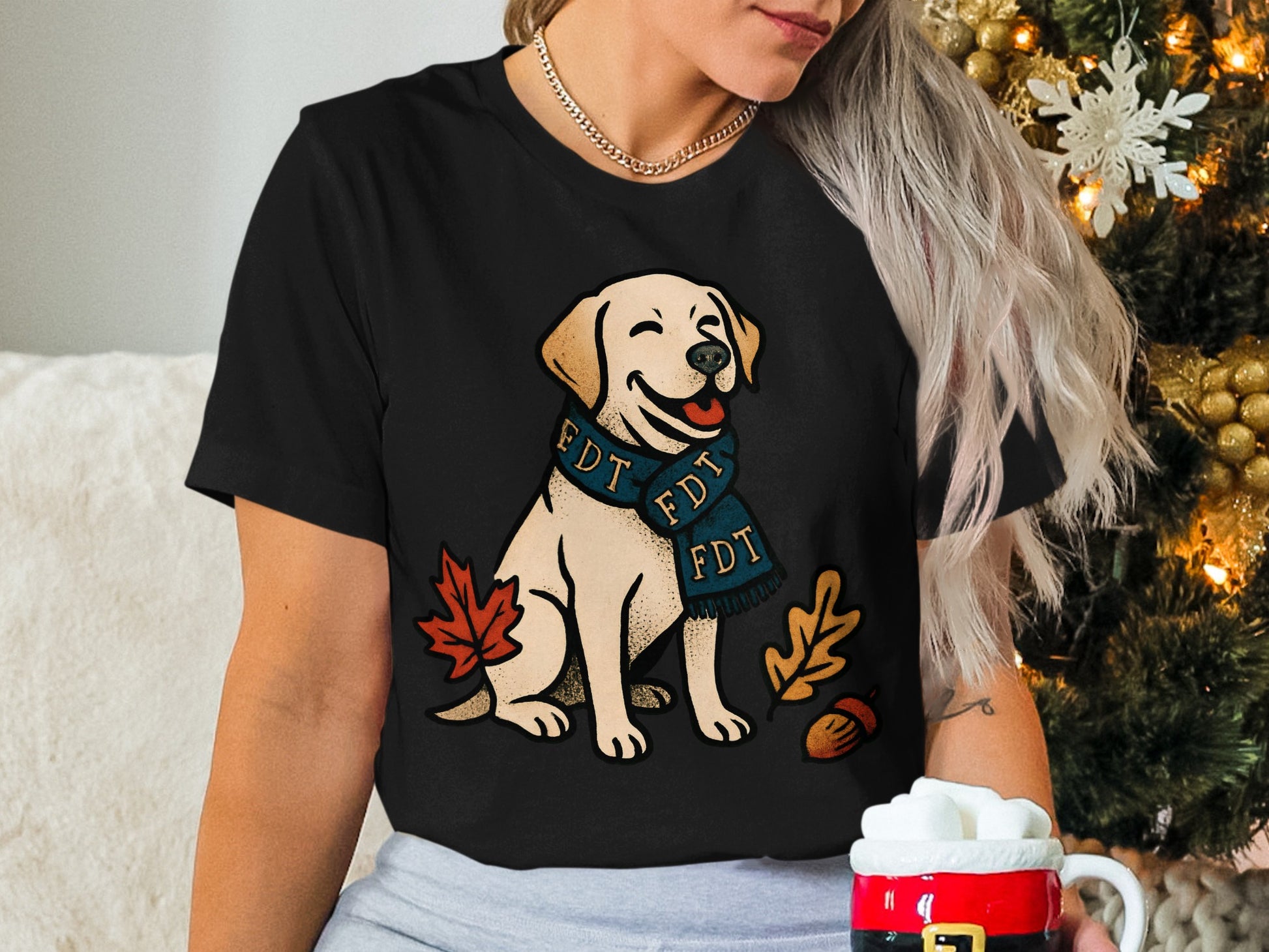 Cute Smiling Dog with Scarf and Falling Leaves Shirt