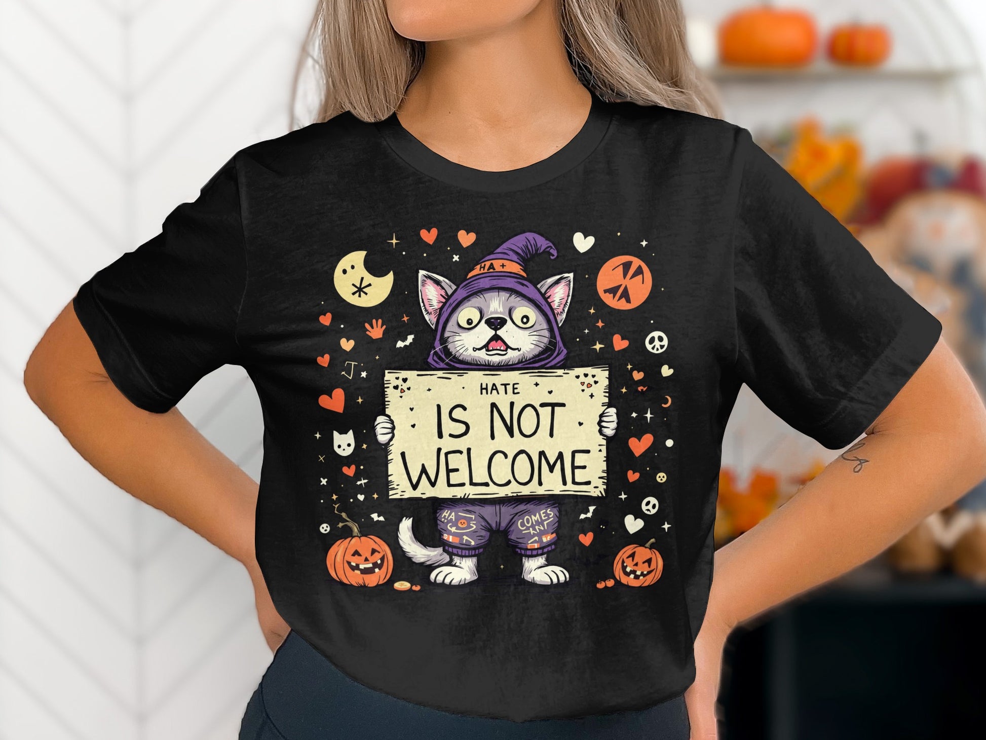 Hate Is Not Welcome Halloween Cat Shirt product type