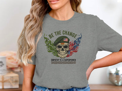 Skull with Be The Change and Military Beret T-Shirt
