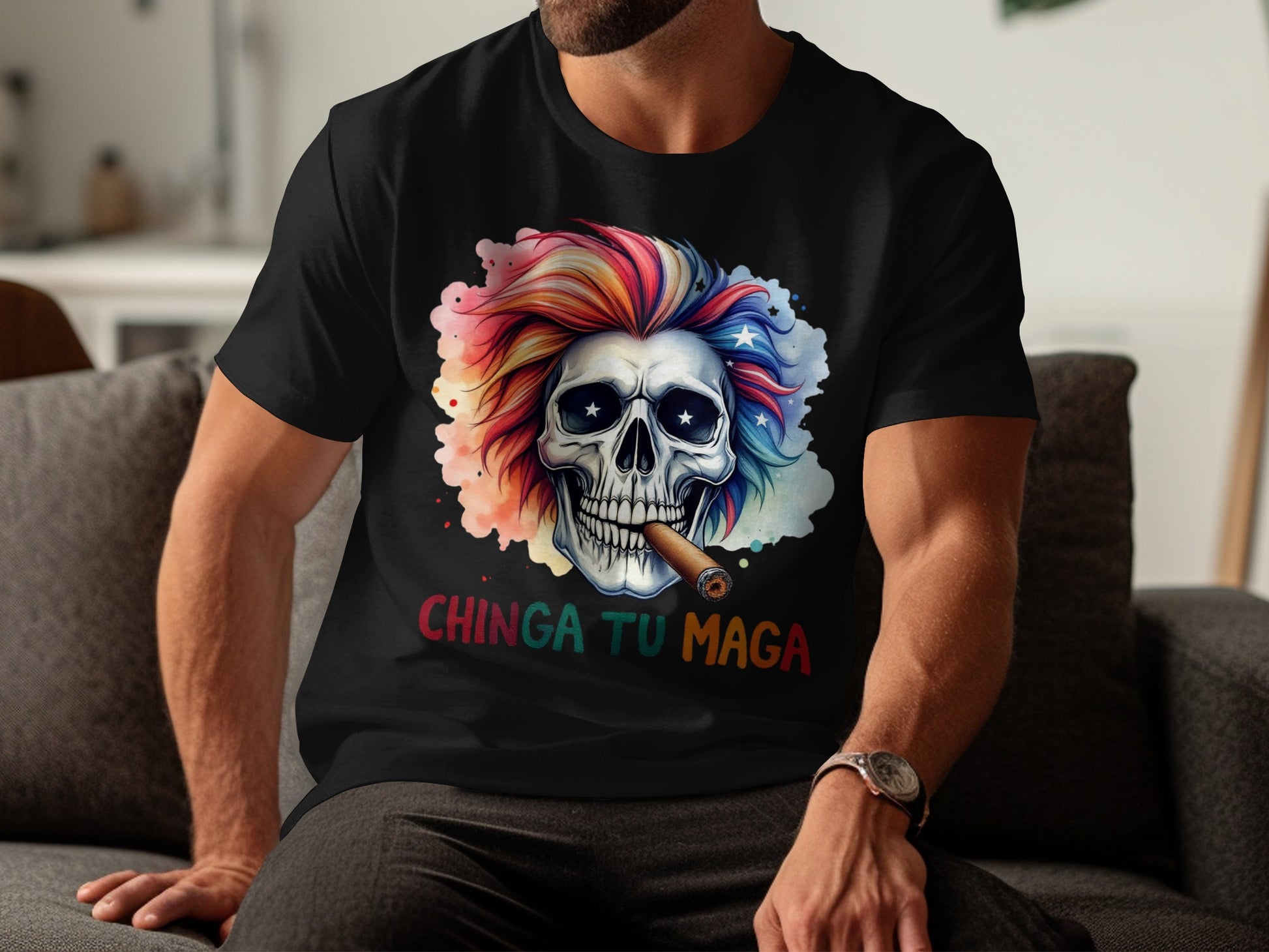 Chinga tu maga skull with colorful hair T-shirt product