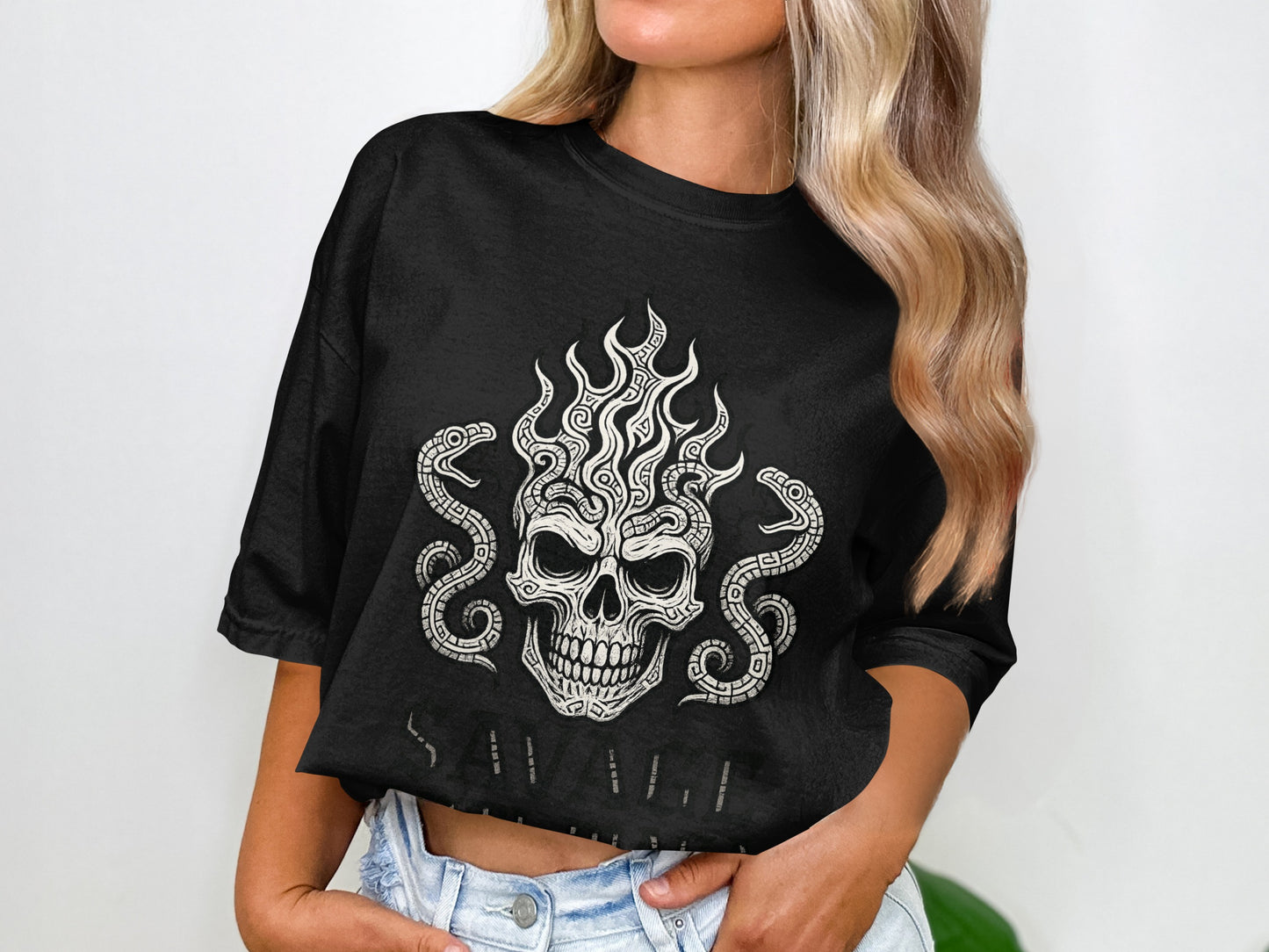 Savage Skull Fire Snake Graphic T-Shirt Design