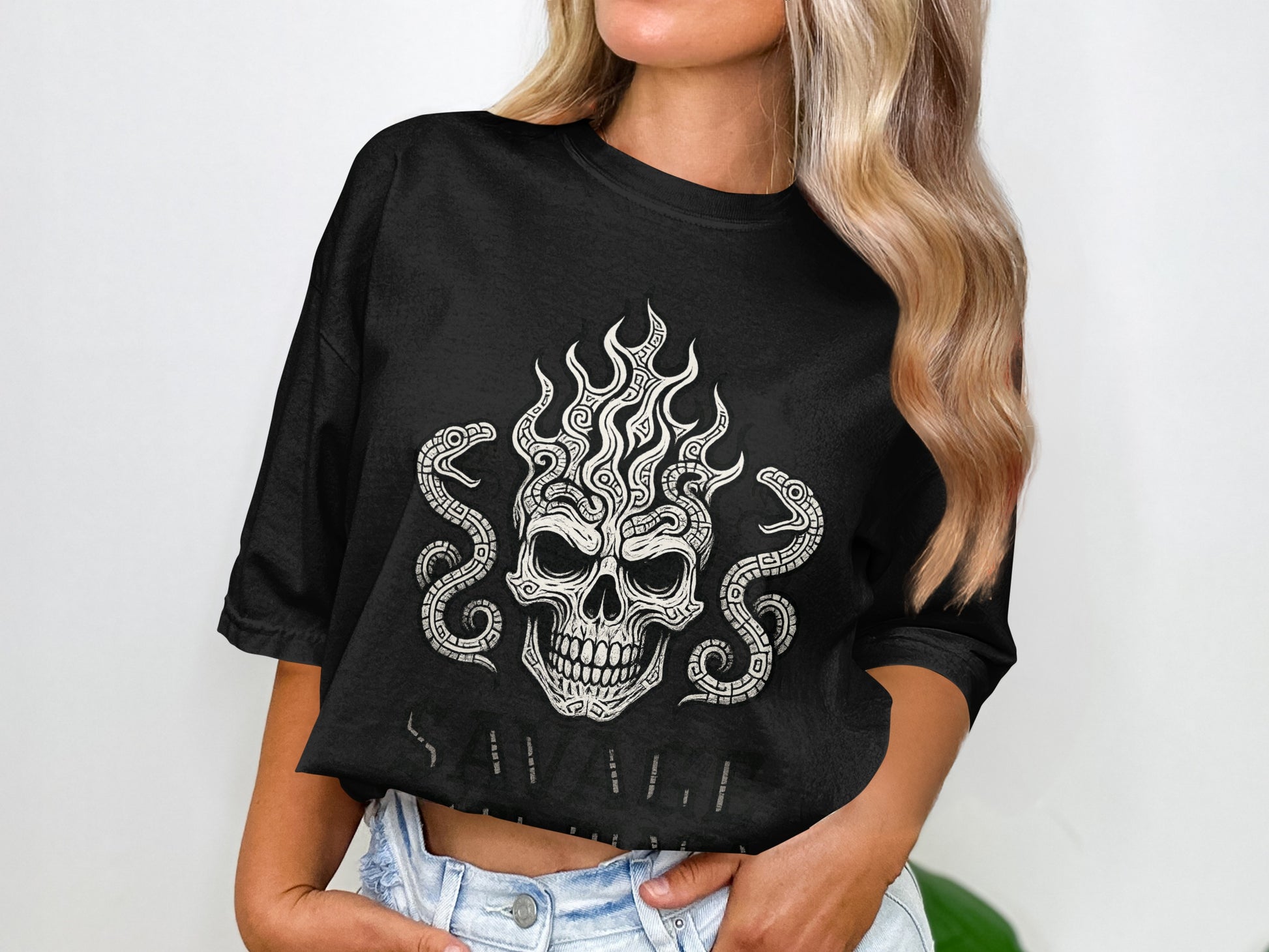 Savage Skull Fire Snake Graphic T-Shirt Design