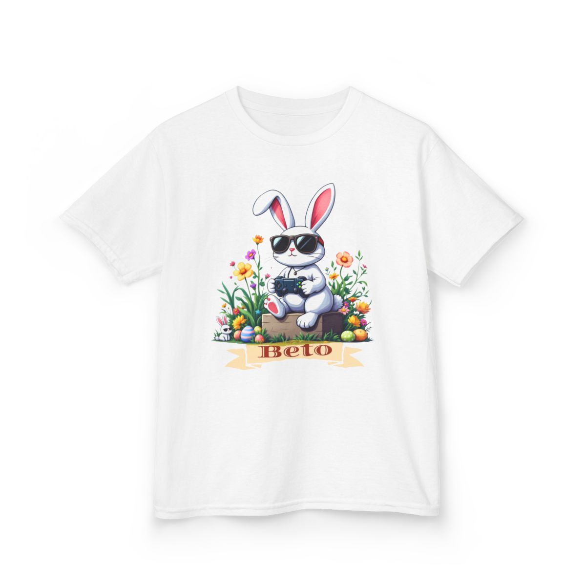 Custom Tee, Easter Shirt, Pascua Camisa, Personalized, Bunny Playing Video Games Kids Cotton™ Tee