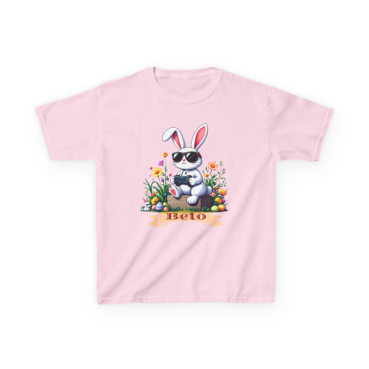 Custom Tee, Easter Shirt, Pascua Camisa, Personalized, Bunny Playing Video Games Kids Cotton™ Tee