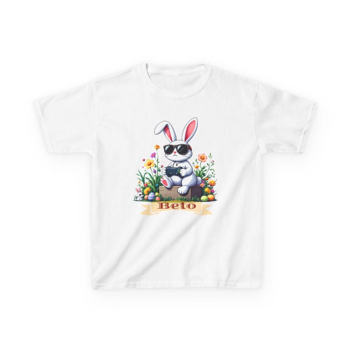 Custom Tee, Easter Shirt, Pascua Camisa, Personalized, Bunny Playing Video Games Kids Cotton™ Tee