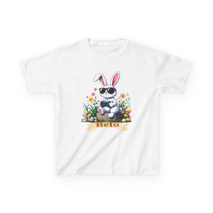 Custom Tee, Easter Shirt, Pascua Camisa, Personalized, Bunny Playing Video Games Kids Cotton™ Tee