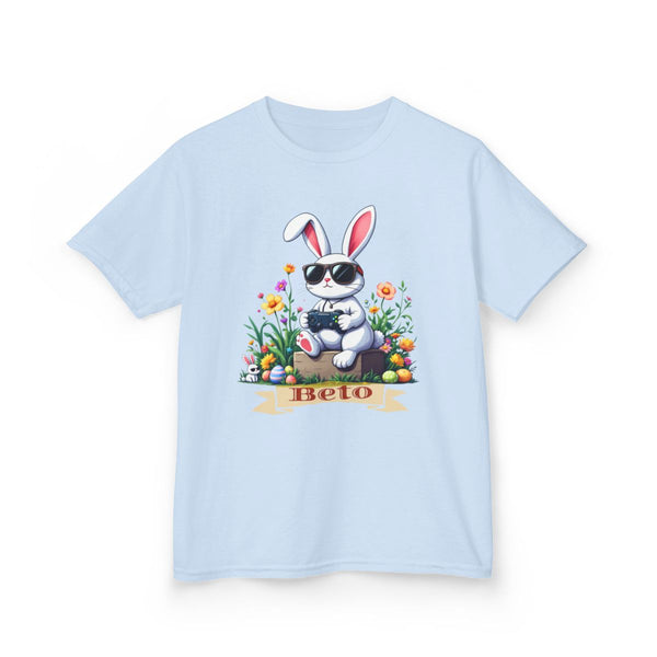 Custom Tee, Easter Shirt, Pascua Camisa, Personalized, Bunny Playing Video Games Kids Cotton™ Tee