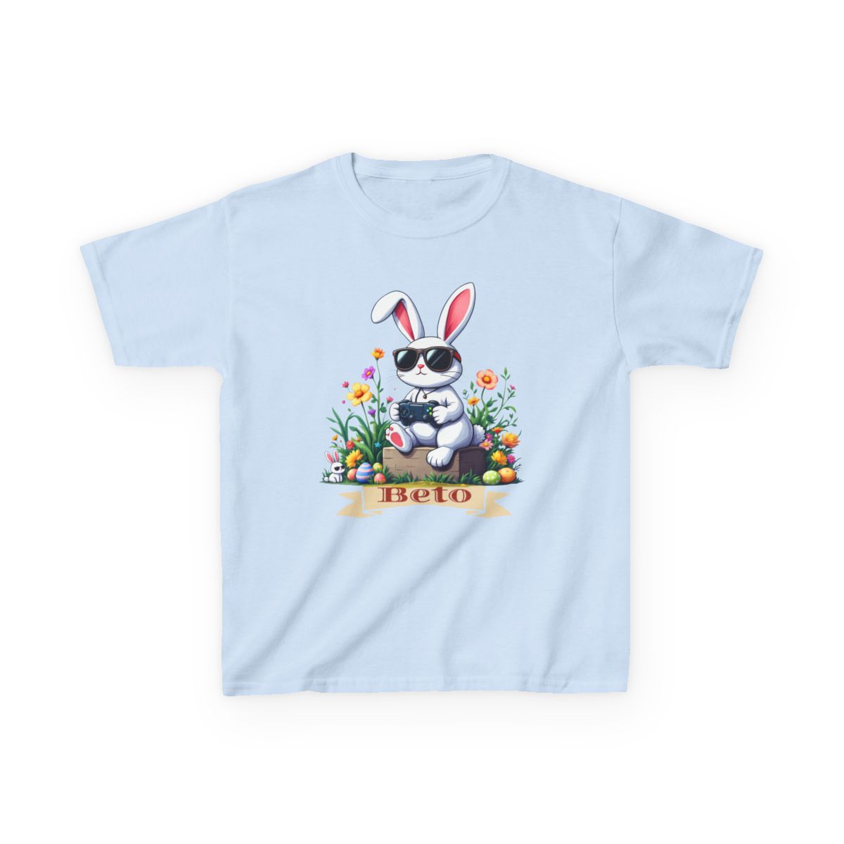 Custom Tee, Easter Shirt, Pascua Camisa, Personalized, Bunny Playing Video Games Kids Cotton™ Tee